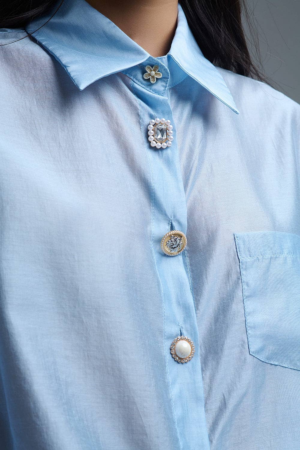 Silky Loose Shirt With Button Medley in Blue for wholesale on Faire1