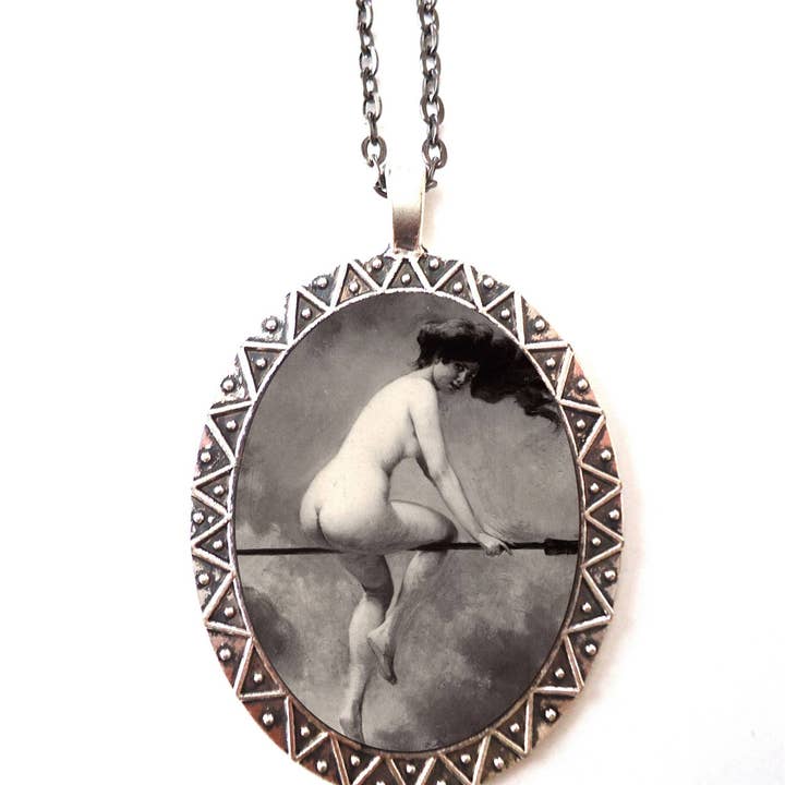 Albert Penot Witch Necklace Pendant Silver Tone - Nude on Broom Broomstick Witchcraft Wicca Art Nouveau for wholesale by FringePop