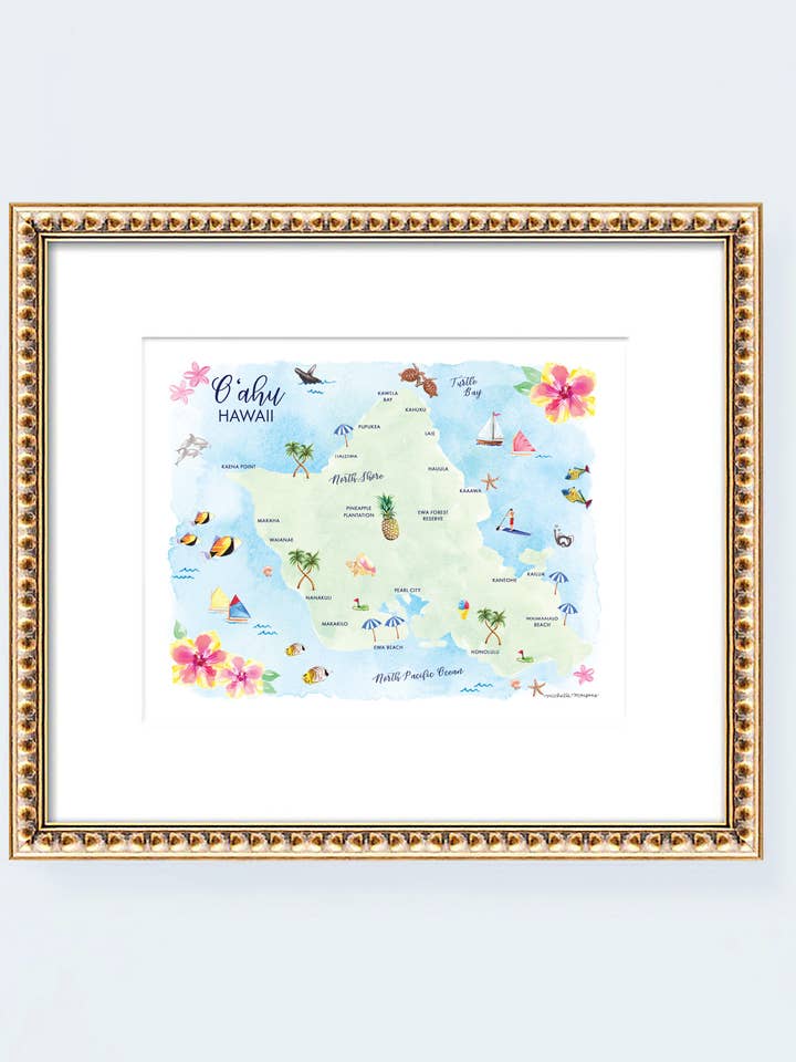 Watercolor Oahu Hawaii Map Art Print by Michelle Mospens for wholesale by Michelle Mospens