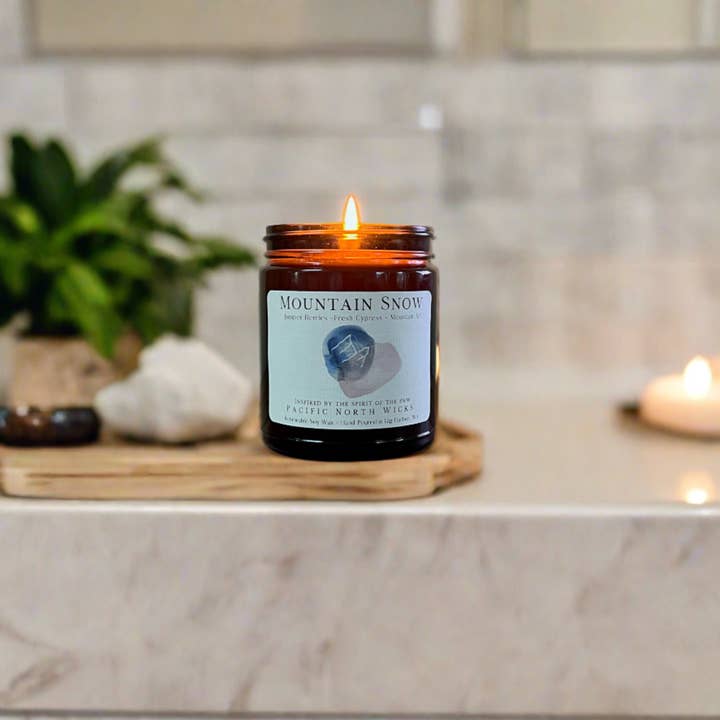 Pacific North Wicks - Wholesale Jar/Filled Candle - Mountain Snow Candle | Juniper | Cypress | 8 oz Amber Jar3