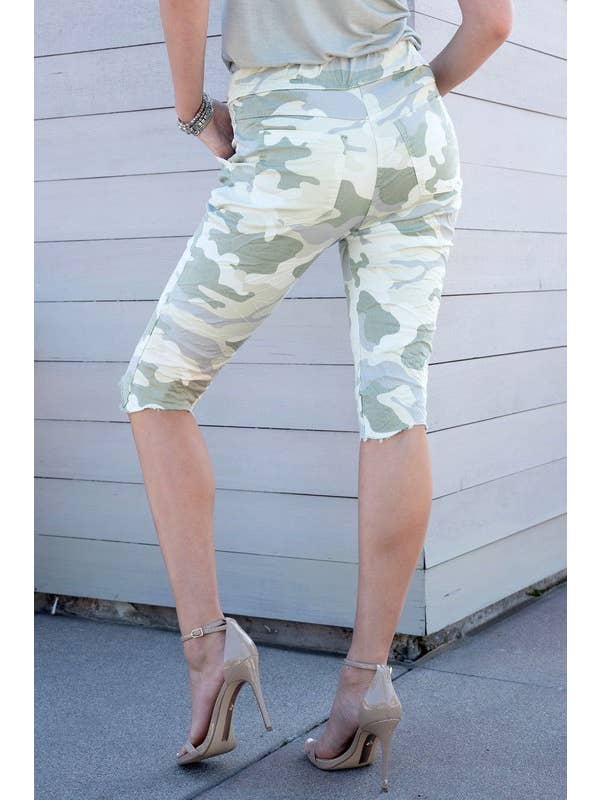 CAMOUFLAGE CRINKLE FRINGE HEM BERMUDA SHORTS (58381-CAMO) for wholesale on Faire3