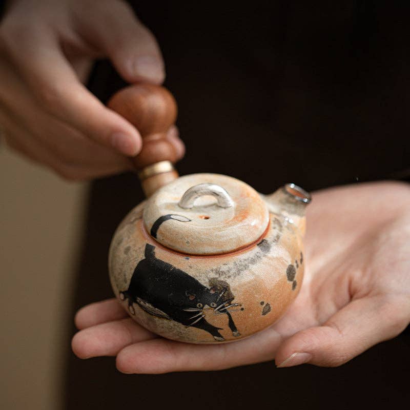 Gohobi （We cover U.S. import duties） - Wholesale Tea Pot - Gohobi Handmade Black Ink Hand-painted Cat Side Handle Teapot 00311