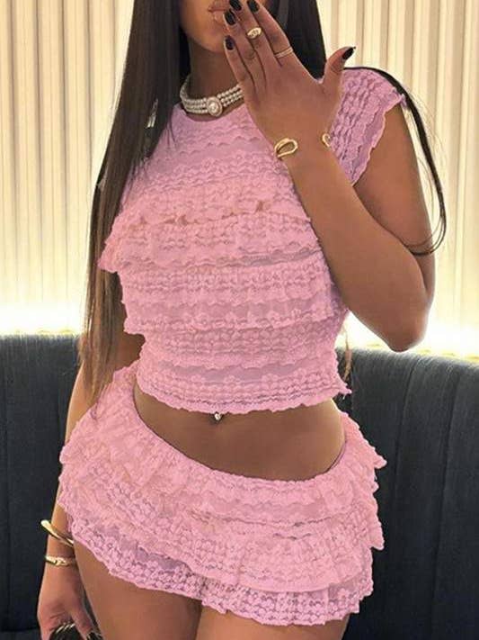 Fashion Combination - Wholesale Top & Skirt Set - Women's - lace ruffles shorts set