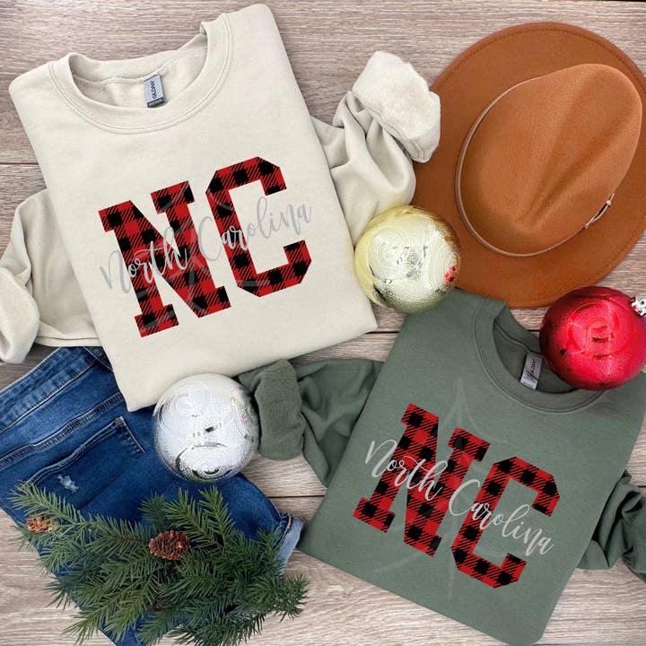 North Carolina Sweatshirt -Buffalo Plaid for wholesale by Farmtown Printing Company