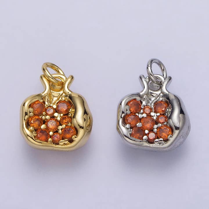 16K Gold Filled Fruit Pomegranate Vermilion Micro Paved CZ Mini Charm in Gold & Silver | AC-268 AC-269 for wholesale by Aim Eternal