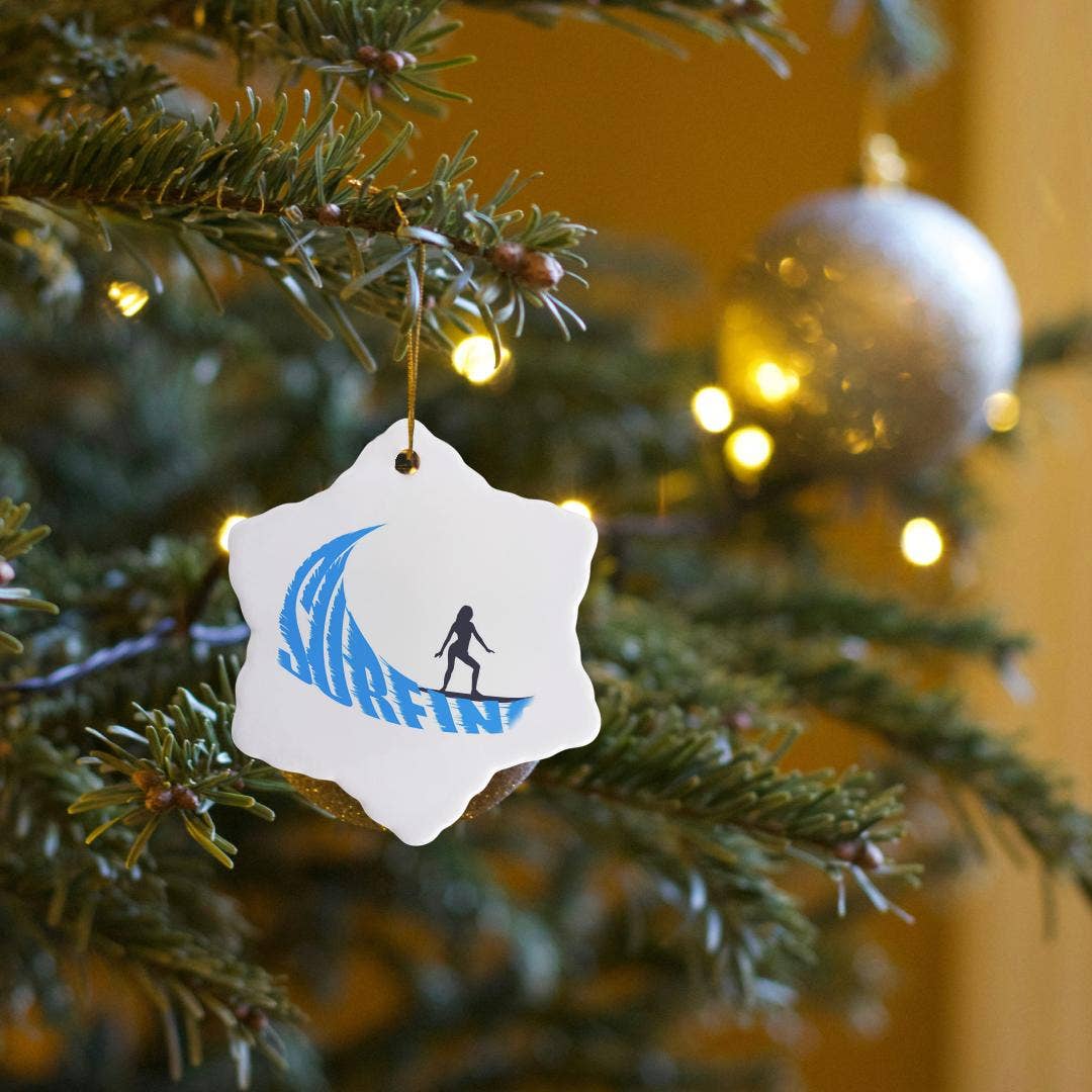 3dRose – wholesale Ornament – 3dRose, Woman surfer, blue wave, text surfing, white background, Ornament6