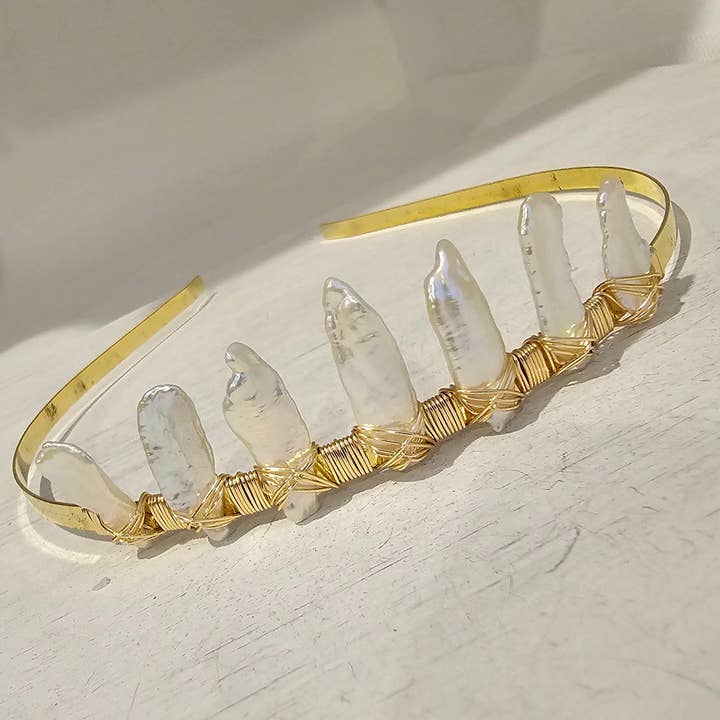 Gemstone Tiara / Crown - White Biwa Freshwater Pearl for wholesale by Divine Dragon Designs