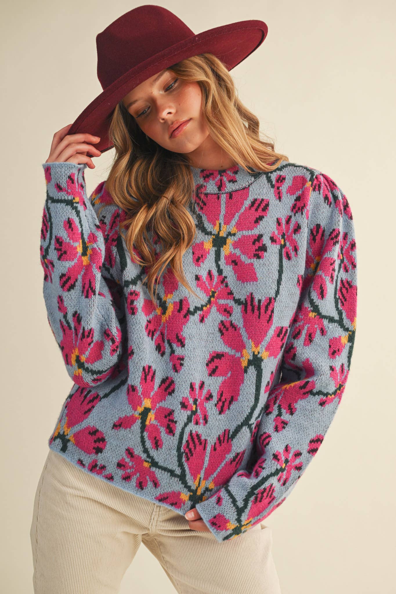 &MERCI - Wholesale Knit Sweater - Women's - FLORAL MOCK NECK SWEATER MSW1110145