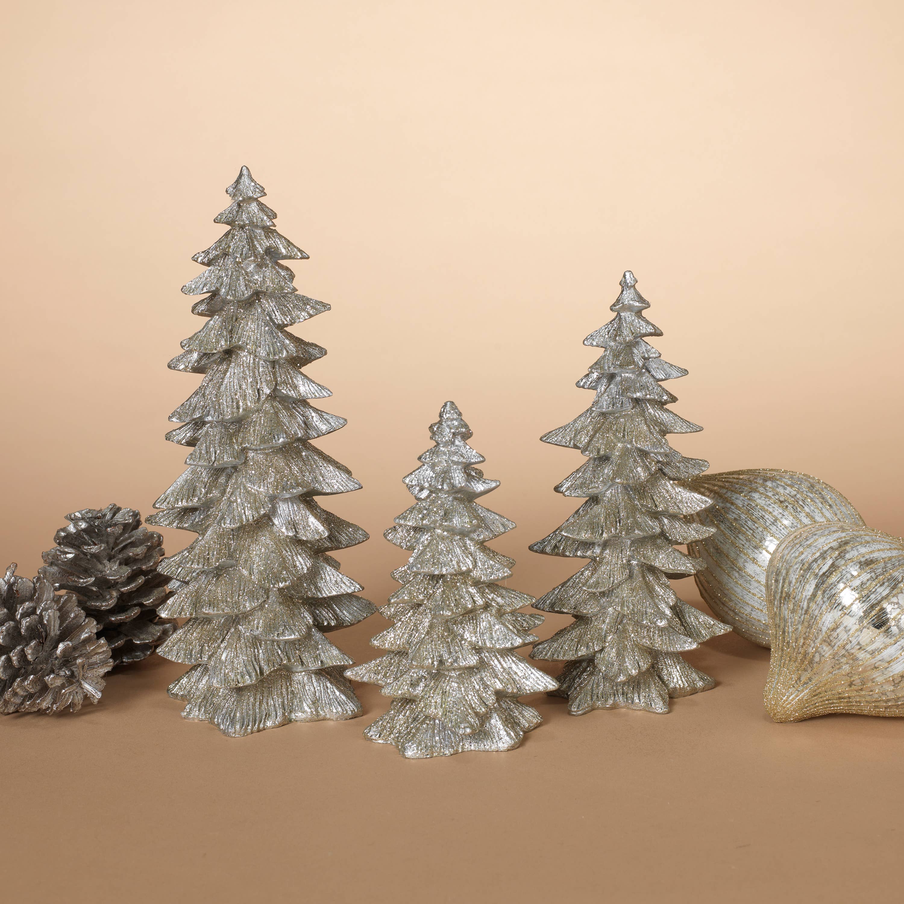 The Gerson Companies - Wholesale Decorative Figurine - Gerson S/3 Resin Silver Glitter Tree, Lg is 9.45"H (UPC Brea0