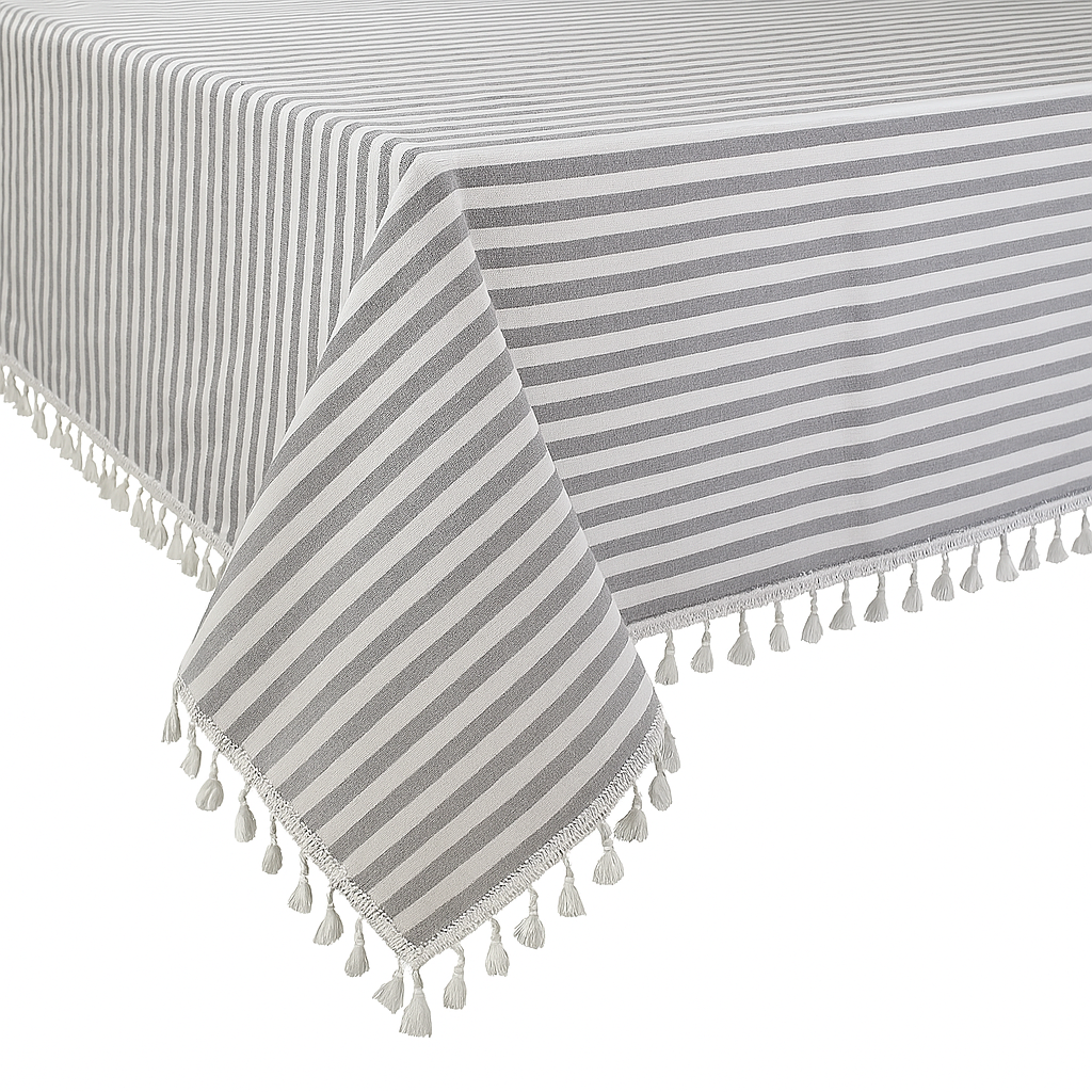 Fennco Styles - Wholesale Tablecloth - Grey Simply Striped Tasseled Cotton Blend Tablecloth1