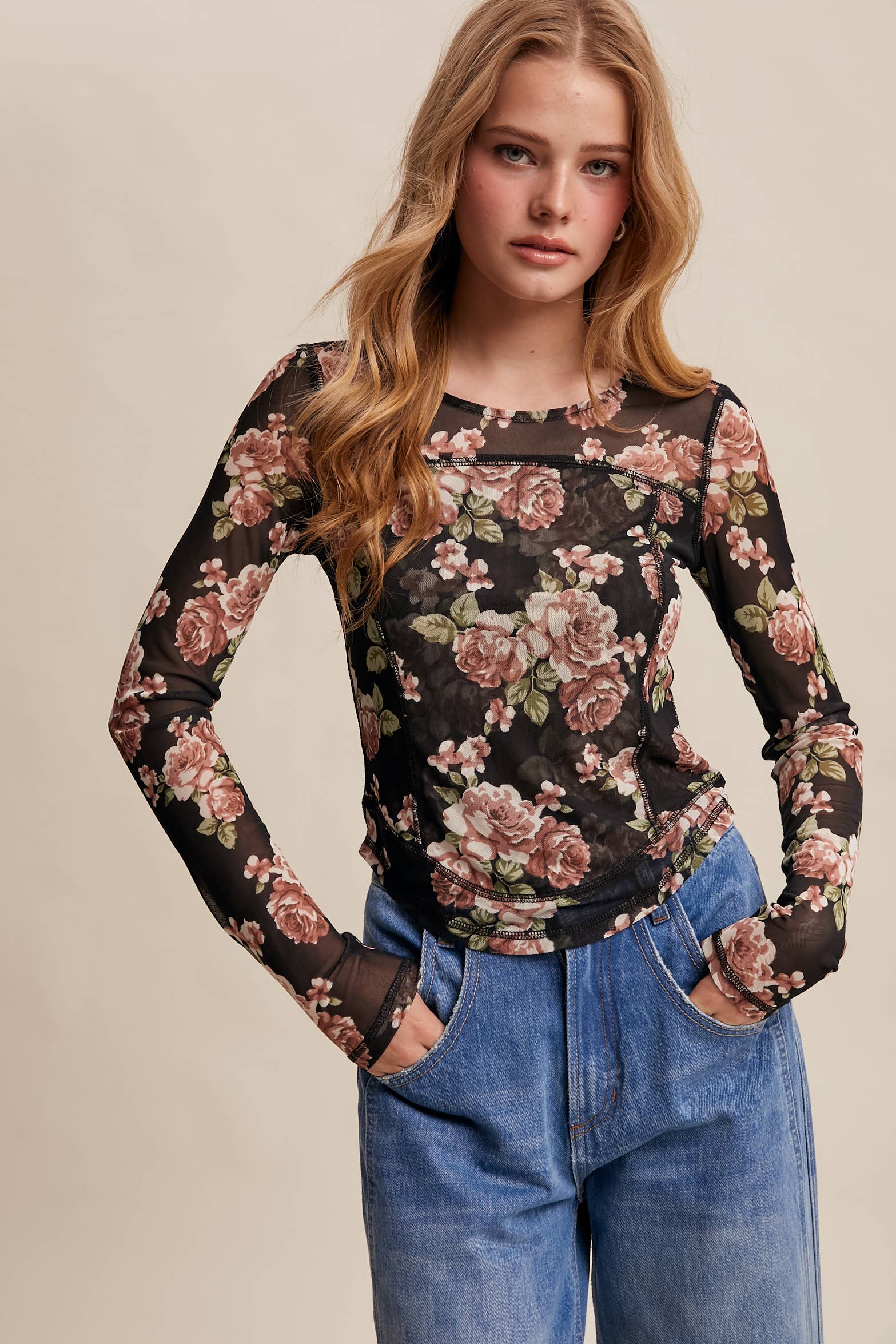 Listicle - Wholesale T-Shirt - Women's - Floral Mesh Long Sleeve Layering Top38
