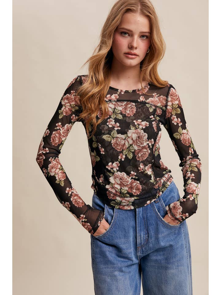 Listicle - Wholesale T-Shirt - Women's - Floral Mesh Long Sleeve Layering Top38