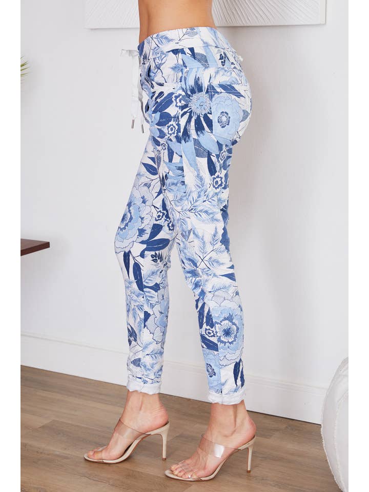 BLUE TROPICAL PRINT CRINKLE JOGGERS (6175-BLUETROPICAL) for wholesale on Faire