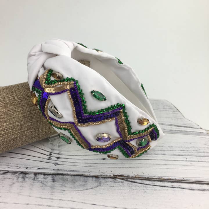 Mardi Gras sequin zig zag knot headband white for wholesale by SongLily