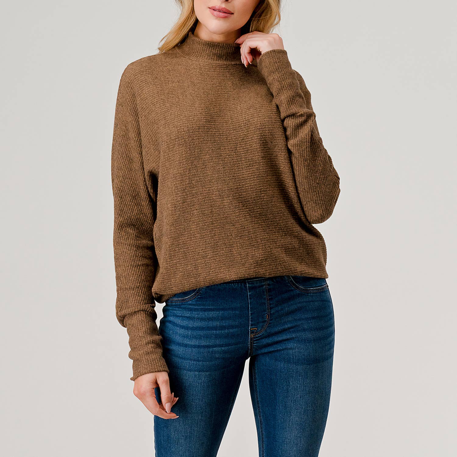 Heimious - Wholesale Knit Top - Women's - Mock Neck Long Dolman Sleeve Ribbed Knit Top, T26134