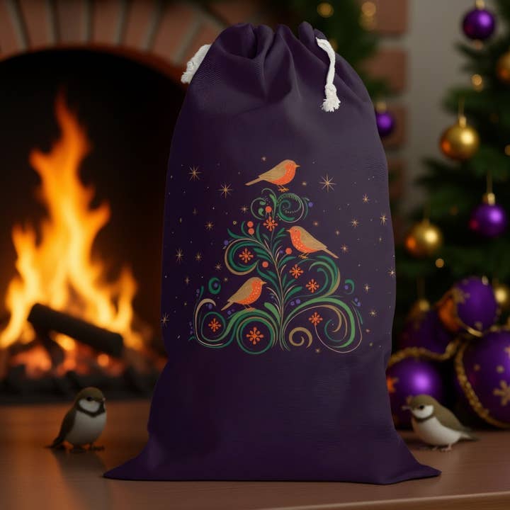 Sacco di Natale viola con adorabili pettirossi festivi | Decorazioni natalizie per la vendita all'ingrosso da parte di Aminelle & Willow