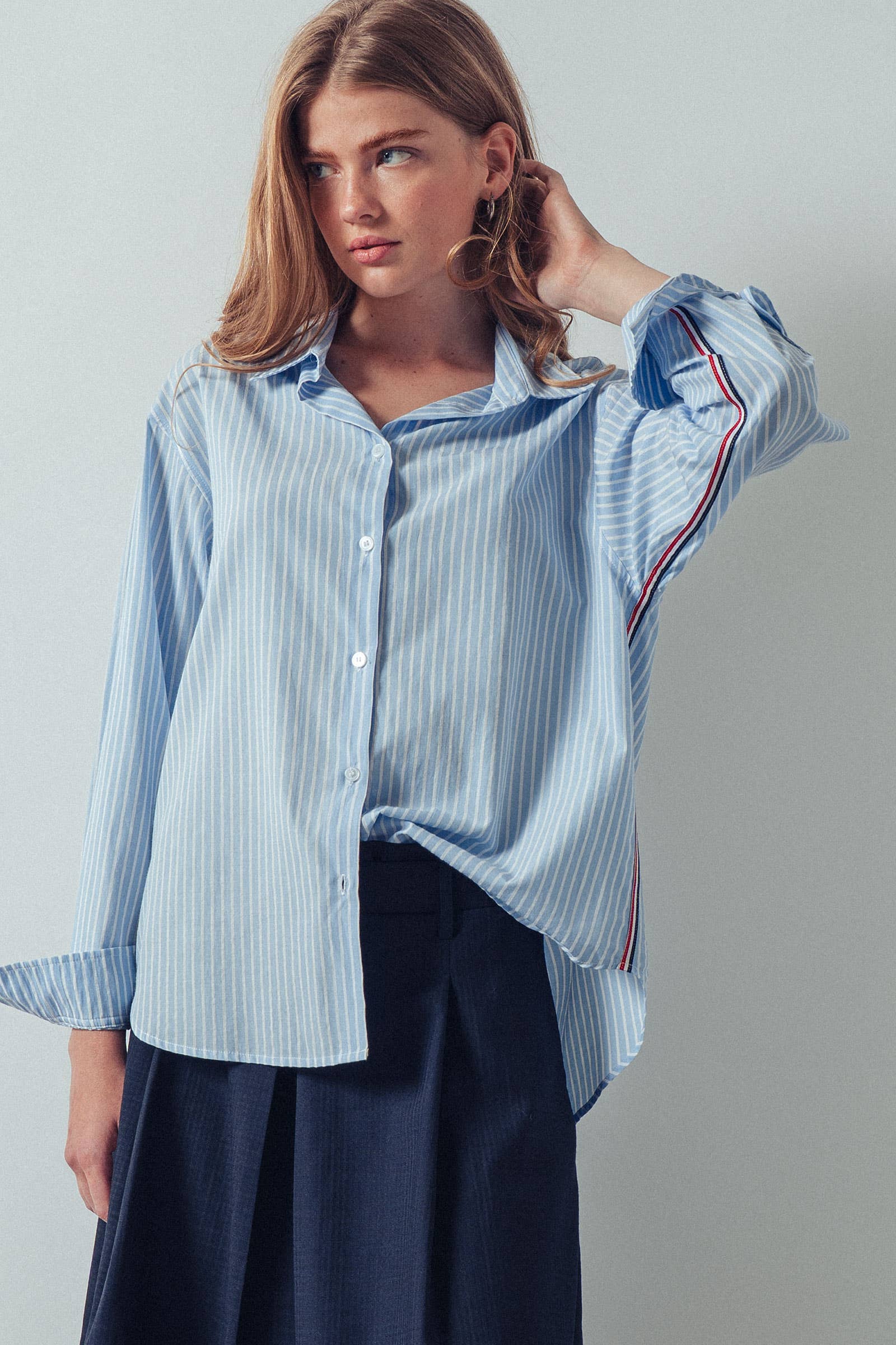 Urban Daizy - Wholesale Button Down Shirt - Women's - Striped Twill Tape Detail Statement Button Shirt2