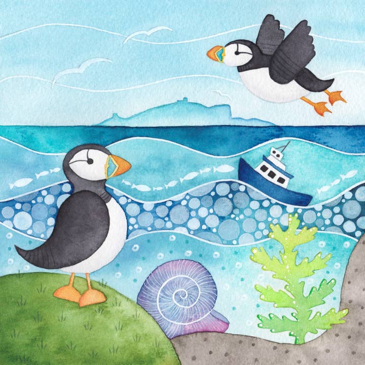 Puffin Art Print - Unframed - Seaside Watercolour Painting for wholesale by East Neuk Beach Crafts
