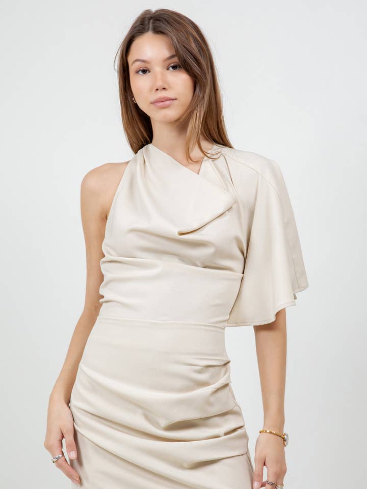 ASYMMETRICAL ONE SLEEVE OPEN BACK WOVEN DRESS - TAUPE for wholesale by Whiteroom+Cactus