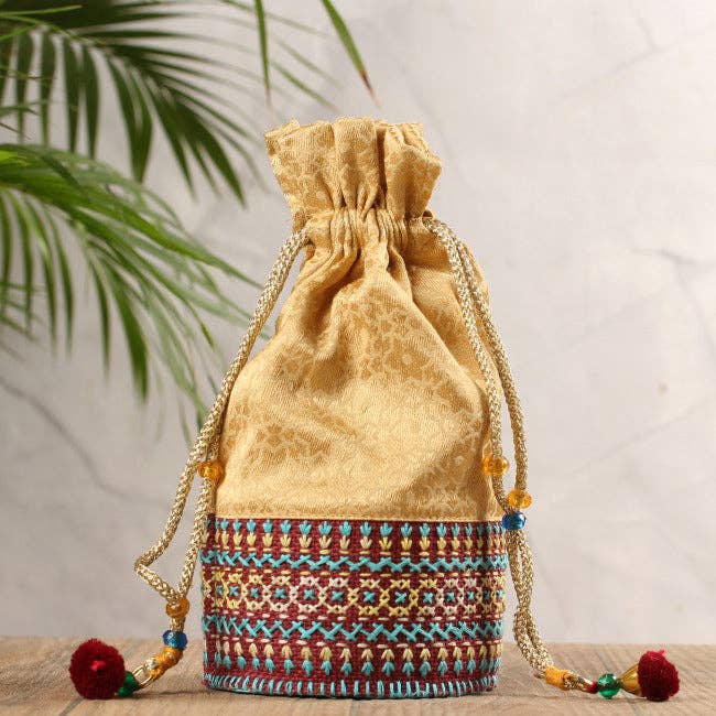 Hand Embroidered Round Potli Bag Beige for wholesale by Giniverse108