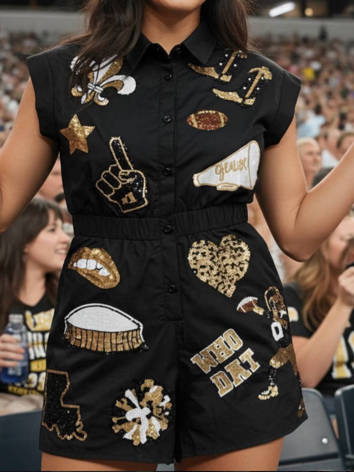 Black & Gold New Orleans Gameday Romper for wholesale by Sash Clothing Bar