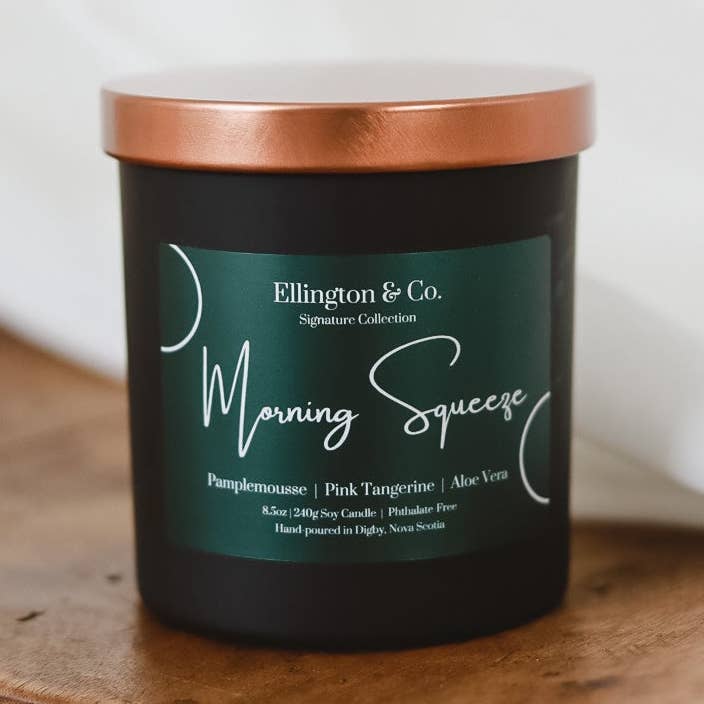 Morning Squeeze 8.5oz Matte Black Soy Candle Wooden Wick for wholesale by Ellington & Co.