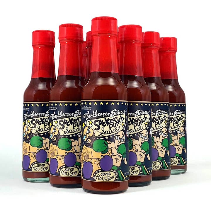 Sucker Punch | 5oz Bottle | Sour and Hot - Heat Level 11/10 and other Purchase Wholesale sweet and sour sauce. Free Returns & Net 60 Terms on Faire trending on Faire.