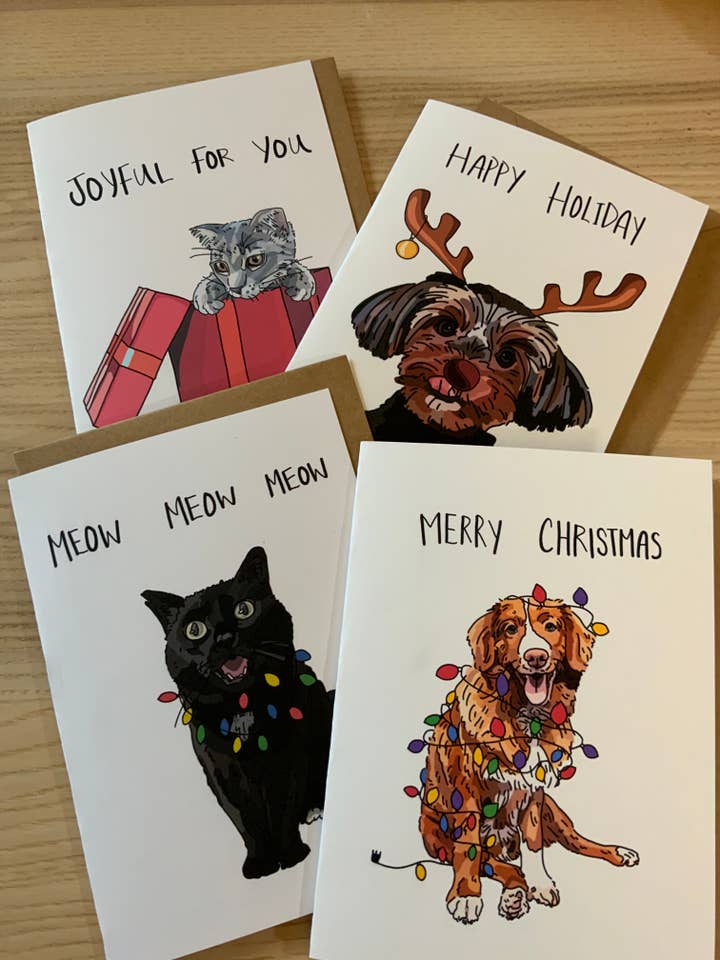 Set de cartes de Noël sur le thème du chien et du chat pour la vente par LeeJackieeeDraw