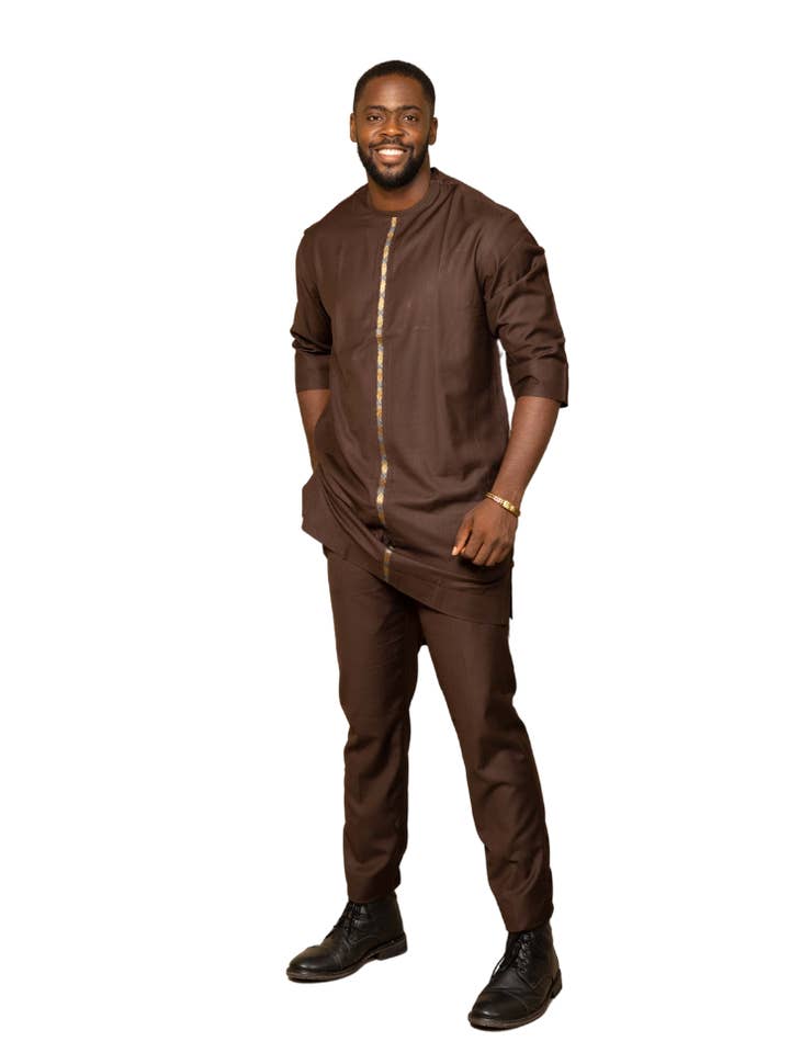 Completo uomo 2 pezzi con kaftano a manica 3/4 e pantaloni in stampa africana - CUMO London per la vendita all'ingrosso da parte di CUMO London