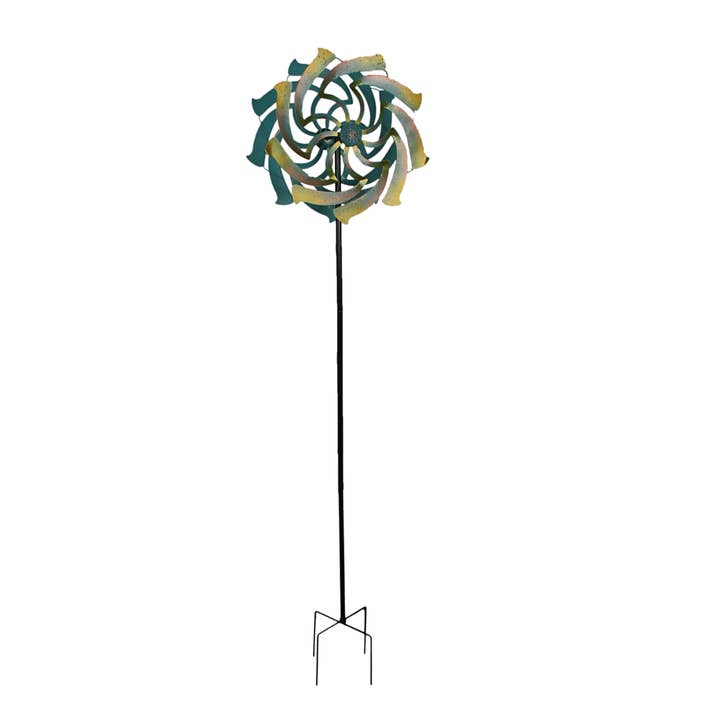 Zeckos - Wholesale Wind Spinner - Teal and Yellow Dual Flower Metal Wind Spinner Garden Stake