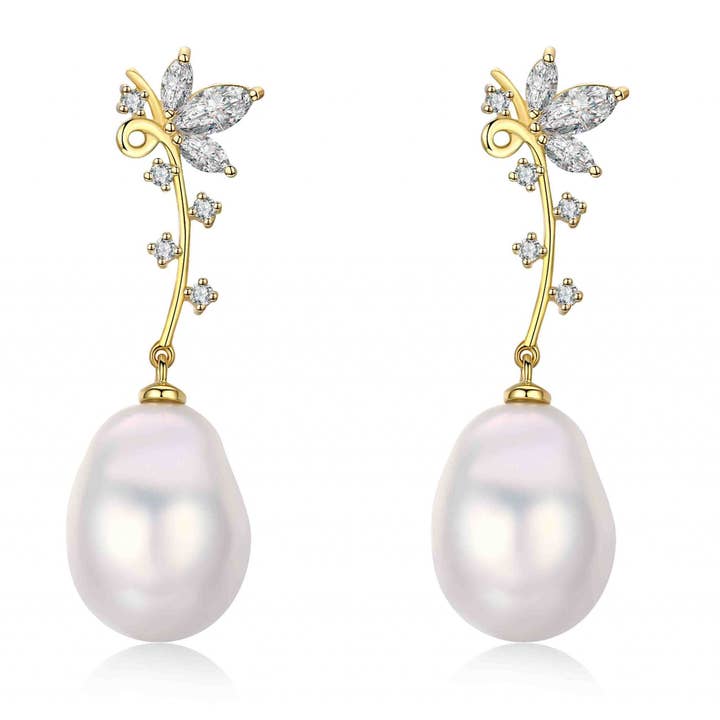 Timeless Pearl – Brincos de argola por atacado – Brincos de pérola de flor dourada Edison