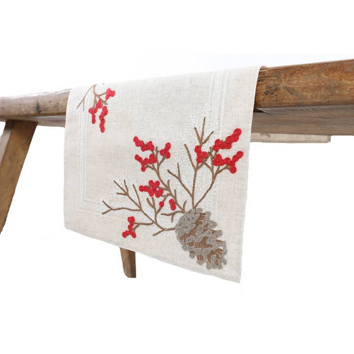 16" x 36" Christmas Pine Cone Crewel Table Runner for wholesale by Xia Home Fashions & Manor Luxe