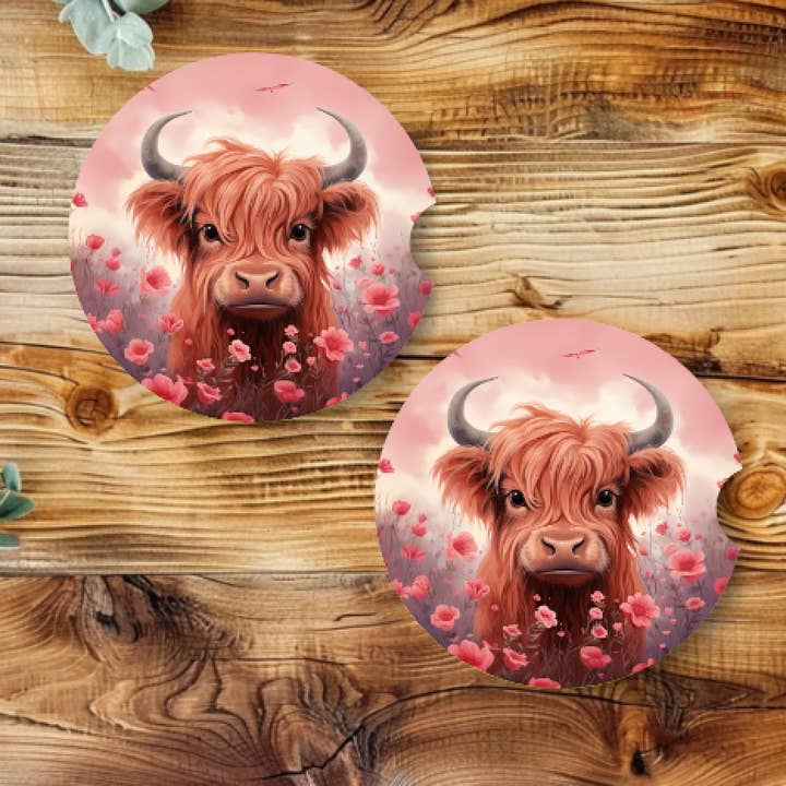 Highland Cow Neoprene Car Coaster Set for wholesale by Prairie Chicken Sticker Shop & Gifts