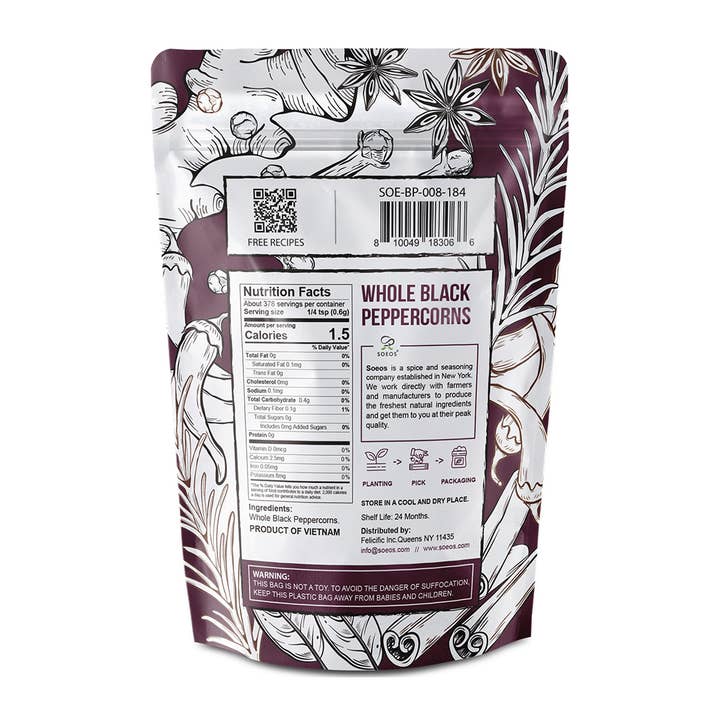soeos – wholesale Peppar/Pepparkorn – Soeos hela svarta pepparkorn, 8 oz, klass AAA