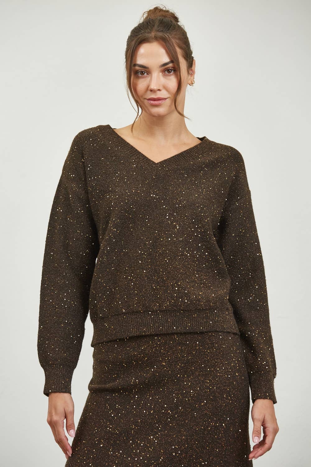 Edit by Nine - Vente Pull en maille – femme - Haut à col en V mélangé à sequins0