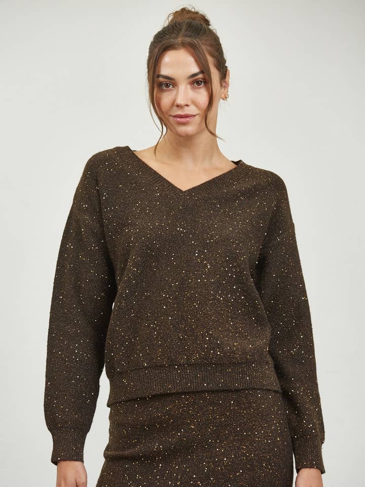 DK BRUN Paljettblandad V-ringad Tröja för wholesale på Faire0