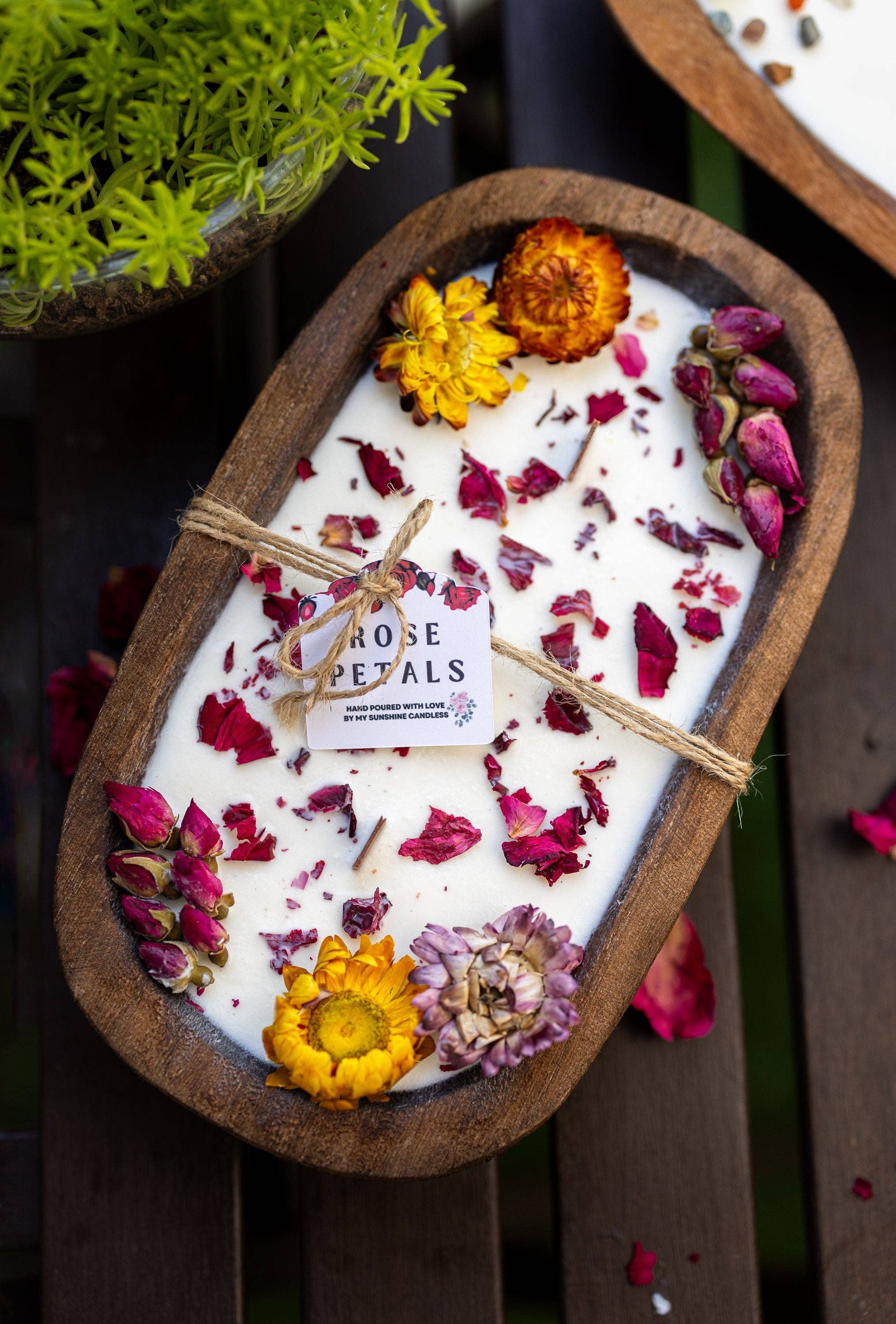 MySunshineCandless - Wholesale Pot/gevulde kaars - Dough Bowl-kaars met houten lont en sojawas | Rozenblaadjes en rozentuin geur | Boerderijstijl | 3 houten lonten | Zomerse geuren1