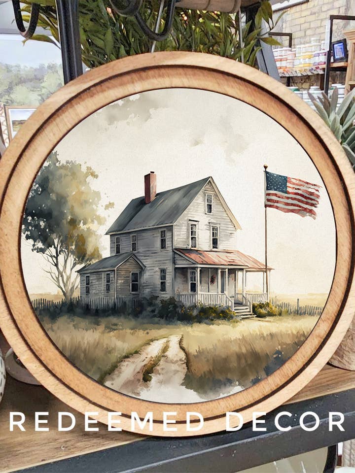 8" Round Farmhouse Flag Art for wholesale by Redeemed Decor