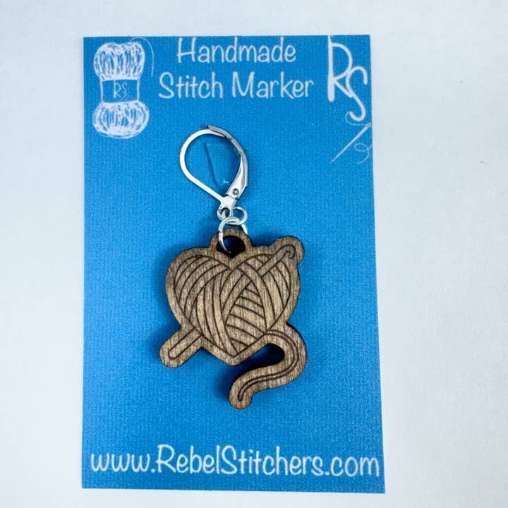Art by Erica H & Rebel Stitchers - Wholesale Knitting/Crochet Supplies - Handmade Wooden Heart Ball of Yarn Stitch Marker2