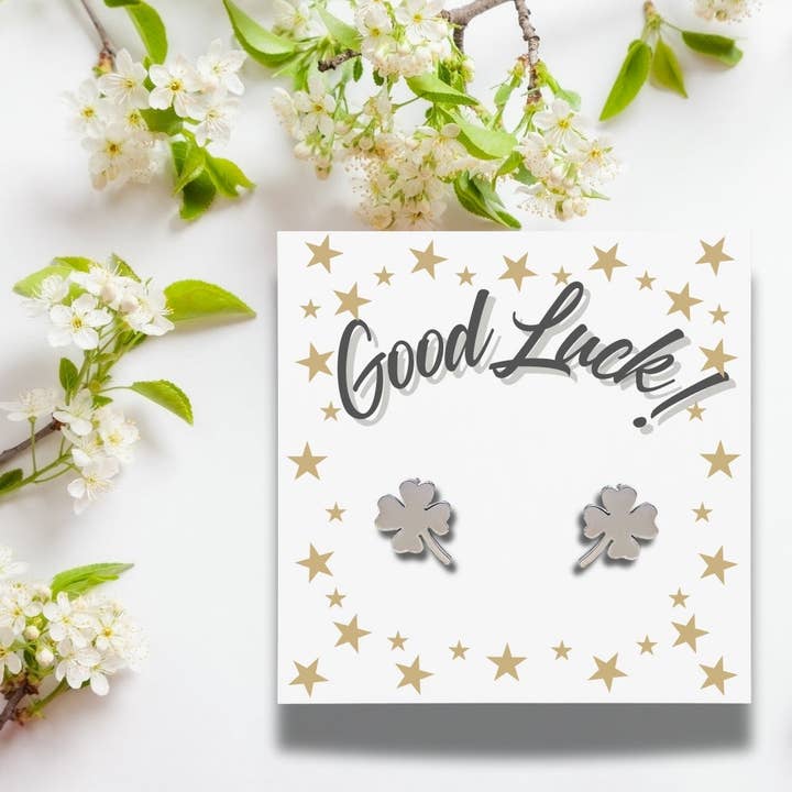 Good Luck Card & Four Leaf Clover Stud Earrings for wholesale by Aye Do Gifts