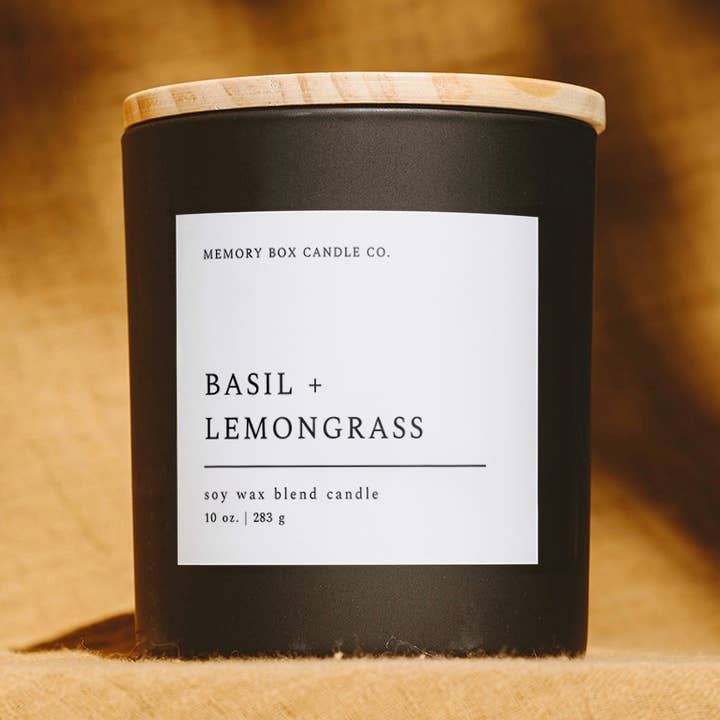 Soy Candle - Basil + Lemongrass - 10 oz. Matte Black Glass for wholesale by Memory Box Candle Co.