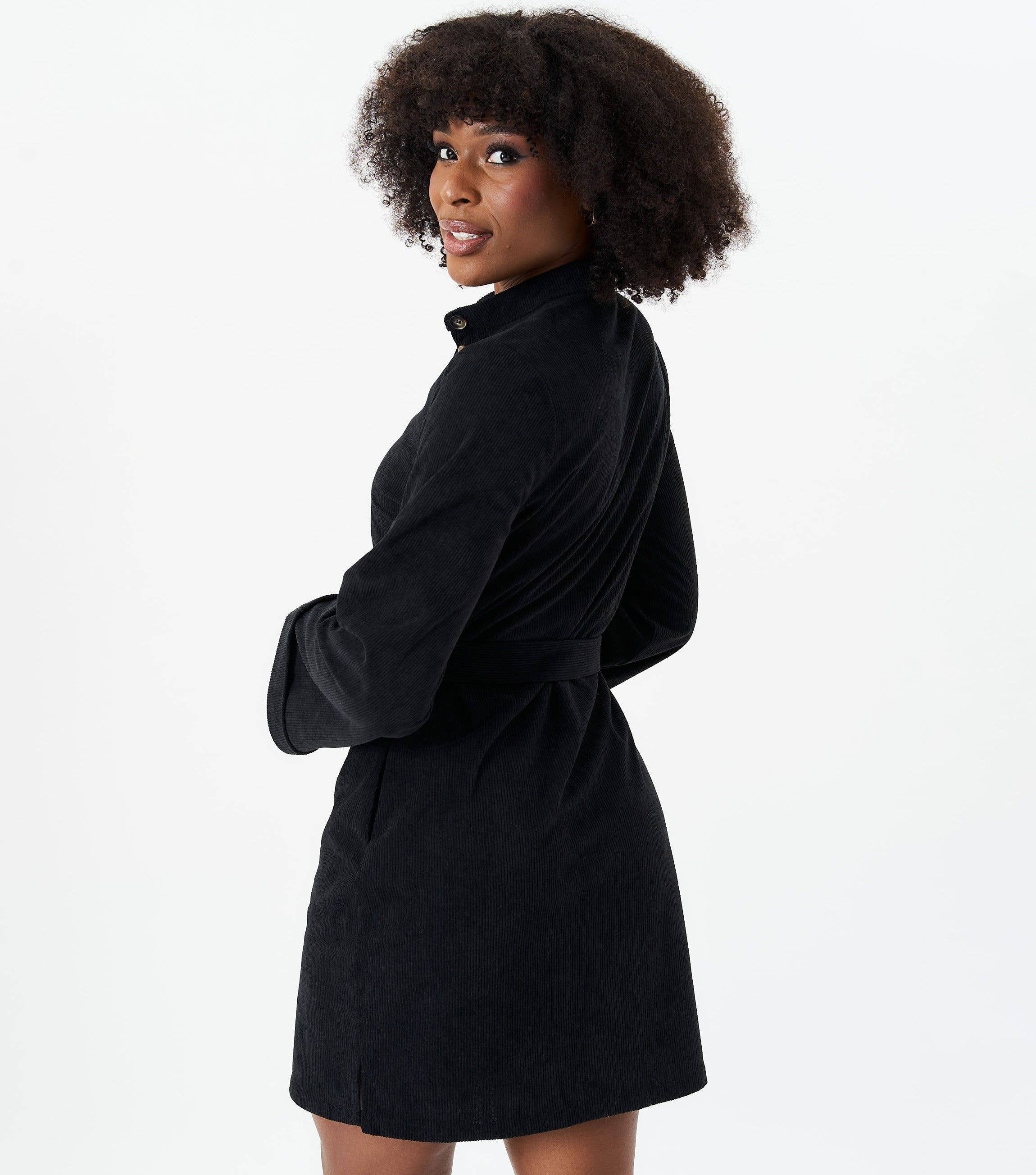 Black Button Front Belted Corduroy Shirt Dress for wholesale on Faire3