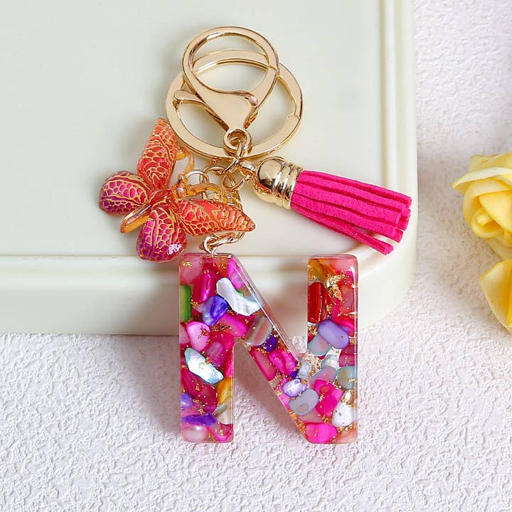 MKS America - Wholesale Keychain - Women's - Glitter Butterfly 26 English Letter Tassel Resin Keychain13