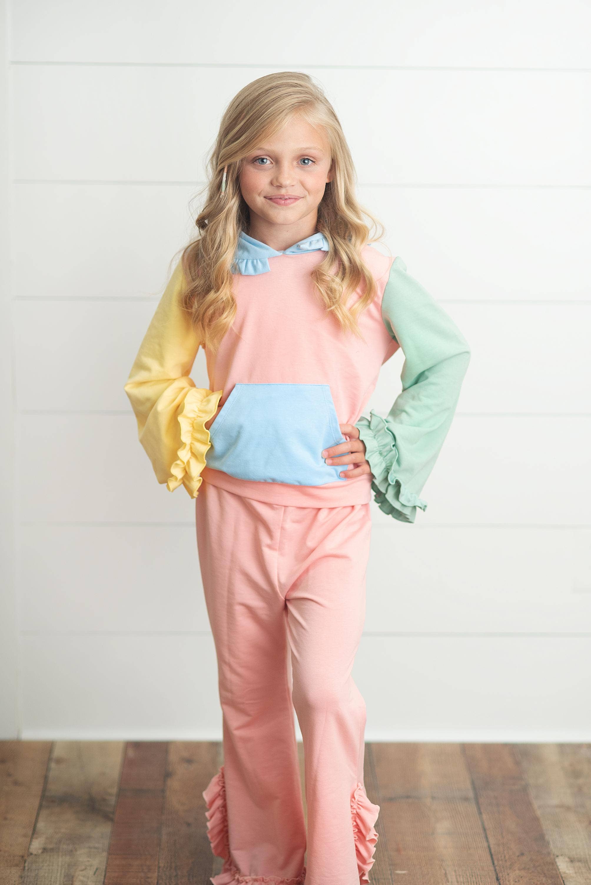 Oopsie Daisy - Wholesale Top & Pant Set - Kids - Kids Pastel Color Block Hooded Ruffle Pocket Fall Lounge Set5
