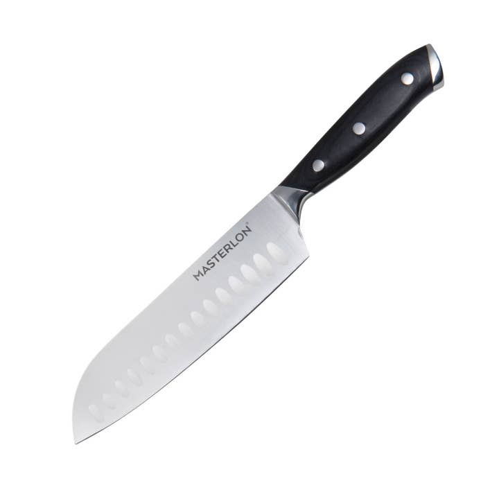 COUTEAU SANTOKU LAME EN ACIER INOXYDABLE COLLECTION TRIPLE RIVET, 7", MANCHE NOIR ET COUVERCLE pour la vente par Masterpan Inc.