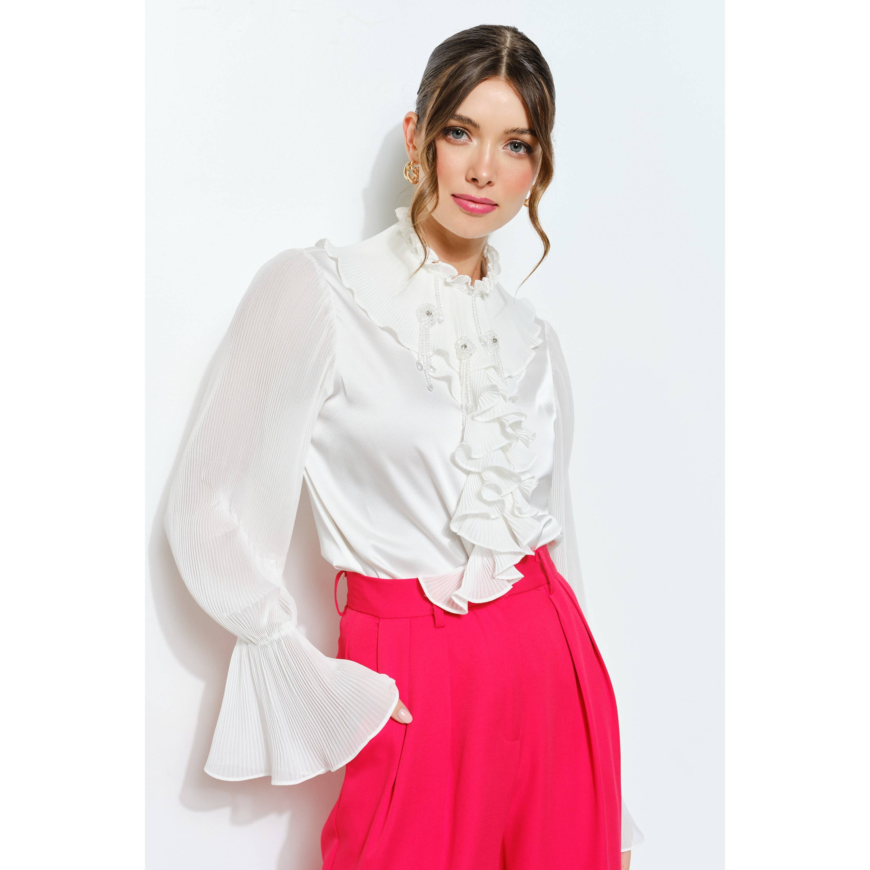 INA - Wholesale Blouse - Women's - Romantic Princess Pleated Satin Ruffled Blouse Top19