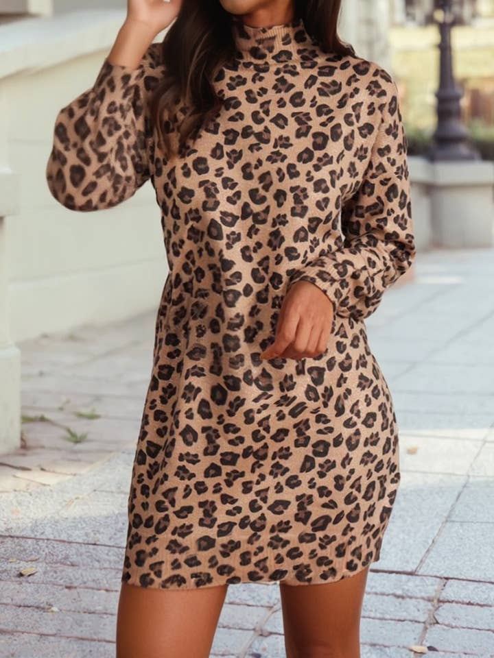 Mock Neck Leopard Long Sleeve Sweater Dress for wholesale by 1 the Woman