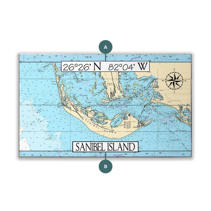 Grafico dell'area di Sanibel Island, FL - Arte murale in legno e metallo per la vendita all'ingrosso da parte di Old Wood Signs