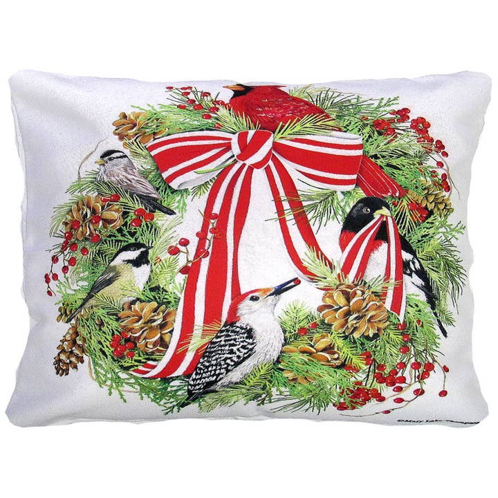 Pillow - Wreath w/Ribbon & Cardinal indoor / outdoor cushion for wholesale by Magnolia Casual