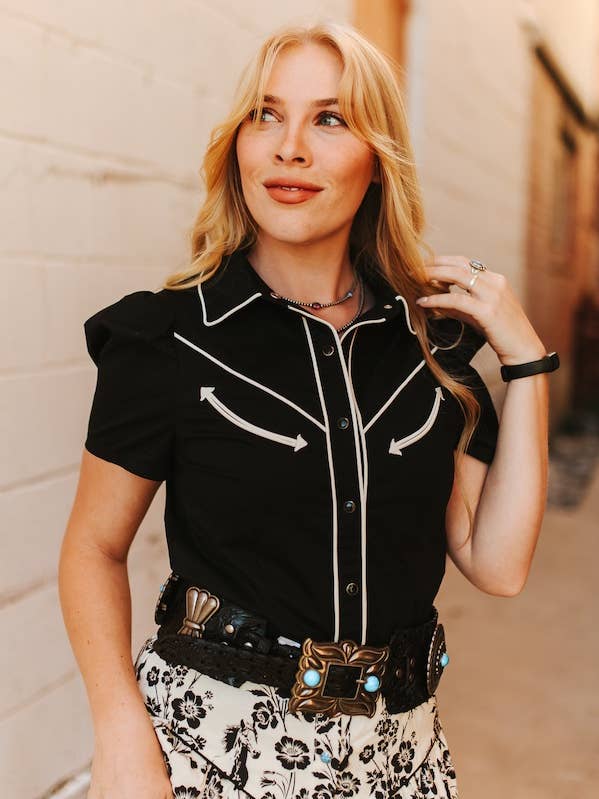 Plus Size Black Contrast Arrow Pearl Snap Puff Sleeve Top for wholesale by LUCKY & BLESSED